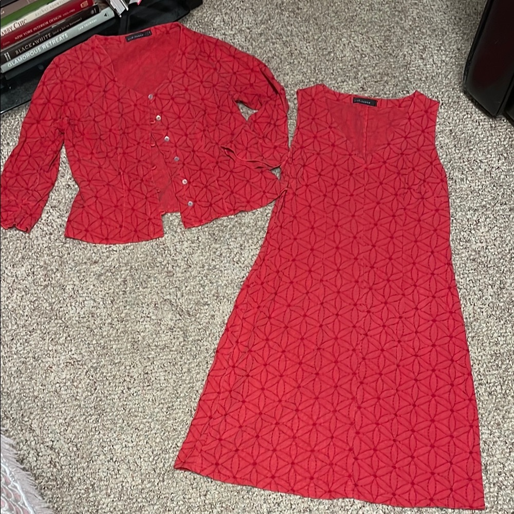 Cut loose embroidered flower 2 pc Red midi dress and blouse/blazer set - Picture 1 of 11